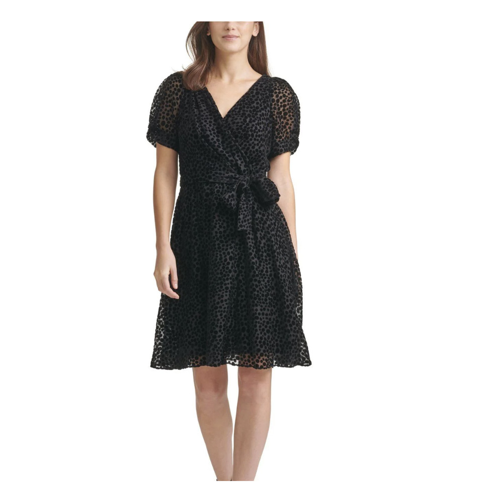 DKNY Size 10 Puff Sleeve Wrap Dress Black Velvet Animal Print Tie Waist